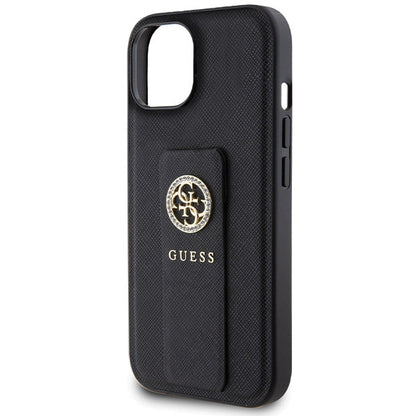 Custodia per Apple iPhone 15, Guess, Grip Stand 4G Saffiano Strass, Nera