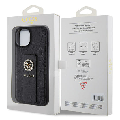 Custodia per Apple iPhone 15, Guess, Grip Stand 4G Saffiano Strass, Nera