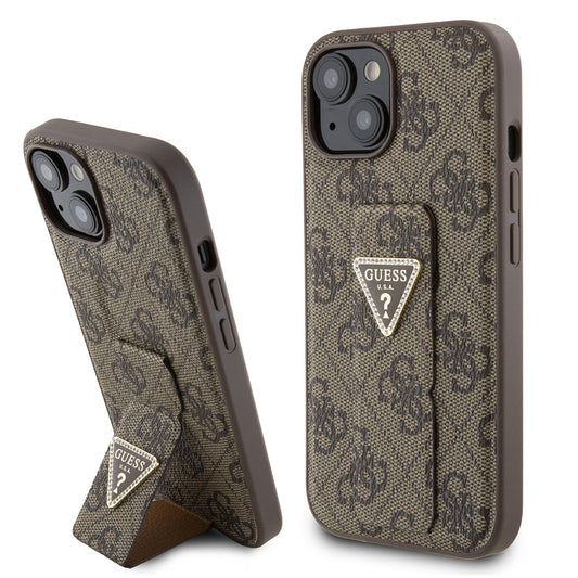 Custodia per Apple iPhone 15, Guess, Grip Stand 4G Triangle Strass, Marrone