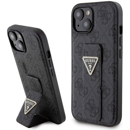 Custodia per Apple iPhone 15, Guess, Grip Stand 4G Triangle Strass, Nera