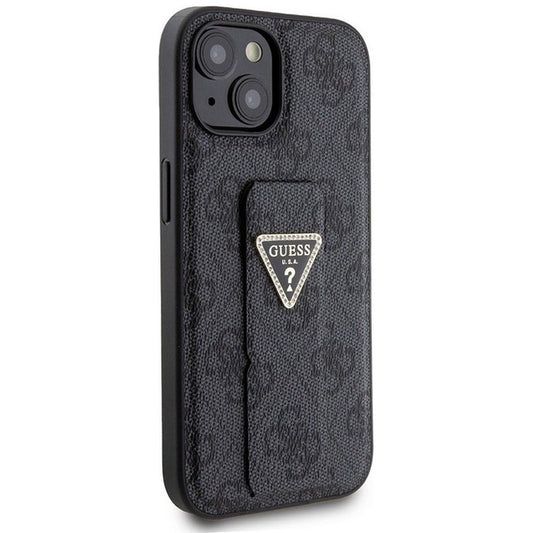 Custodia per Apple iPhone 15, Guess, Grip Stand 4G Triangle Strass, Nera
