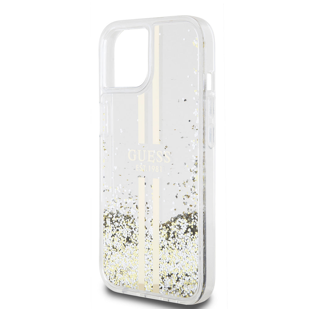 Custodia per Apple iPhone 15, Guess, Liquid Glitter Gold Stripes, Trasparente