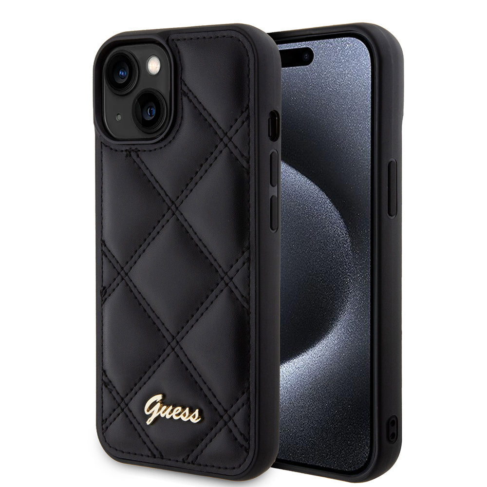 Custodia per Apple iPhone 15, Guess, Quilted Metal Logo, Nera