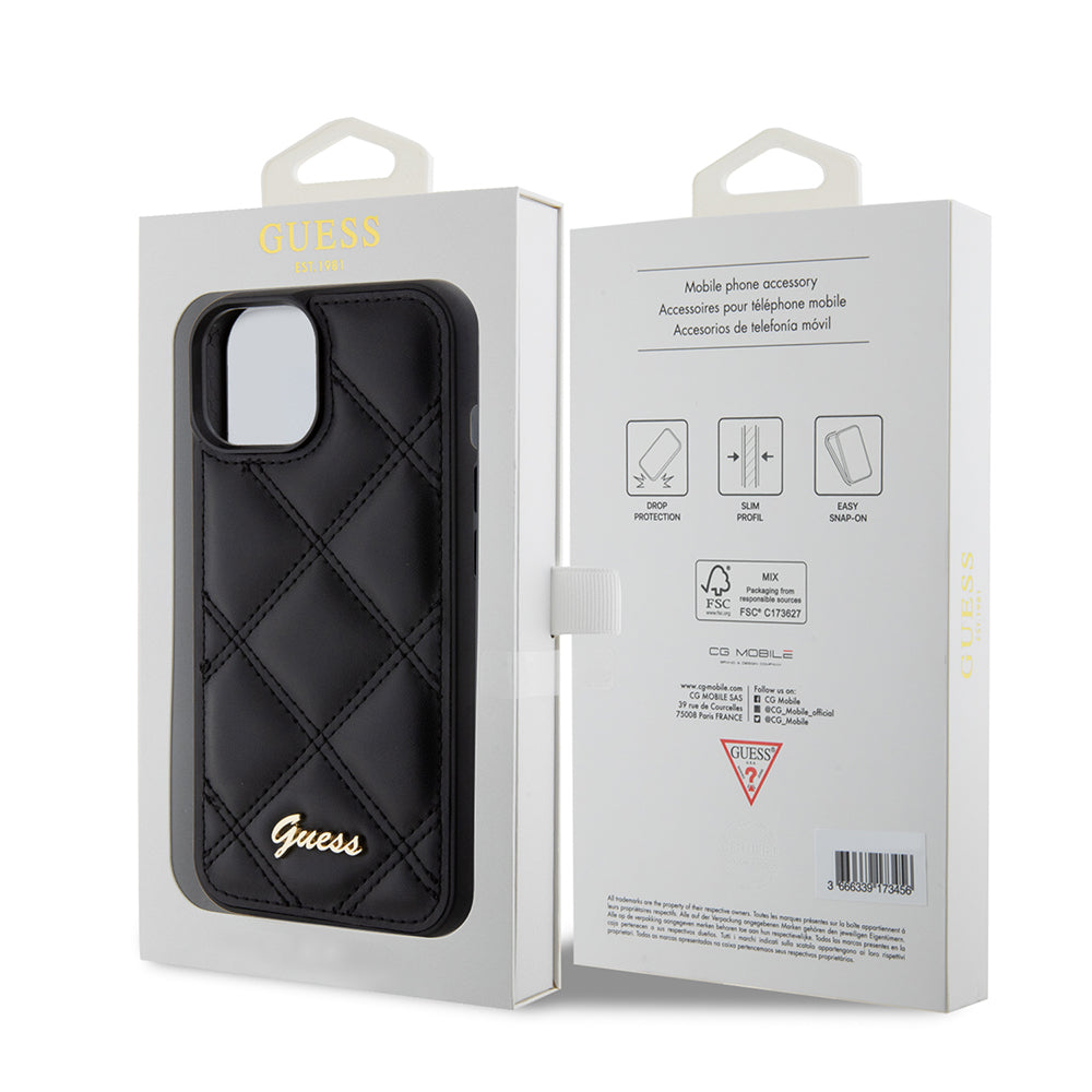 Custodia per Apple iPhone 15, Guess, Quilted Metal Logo, Nera