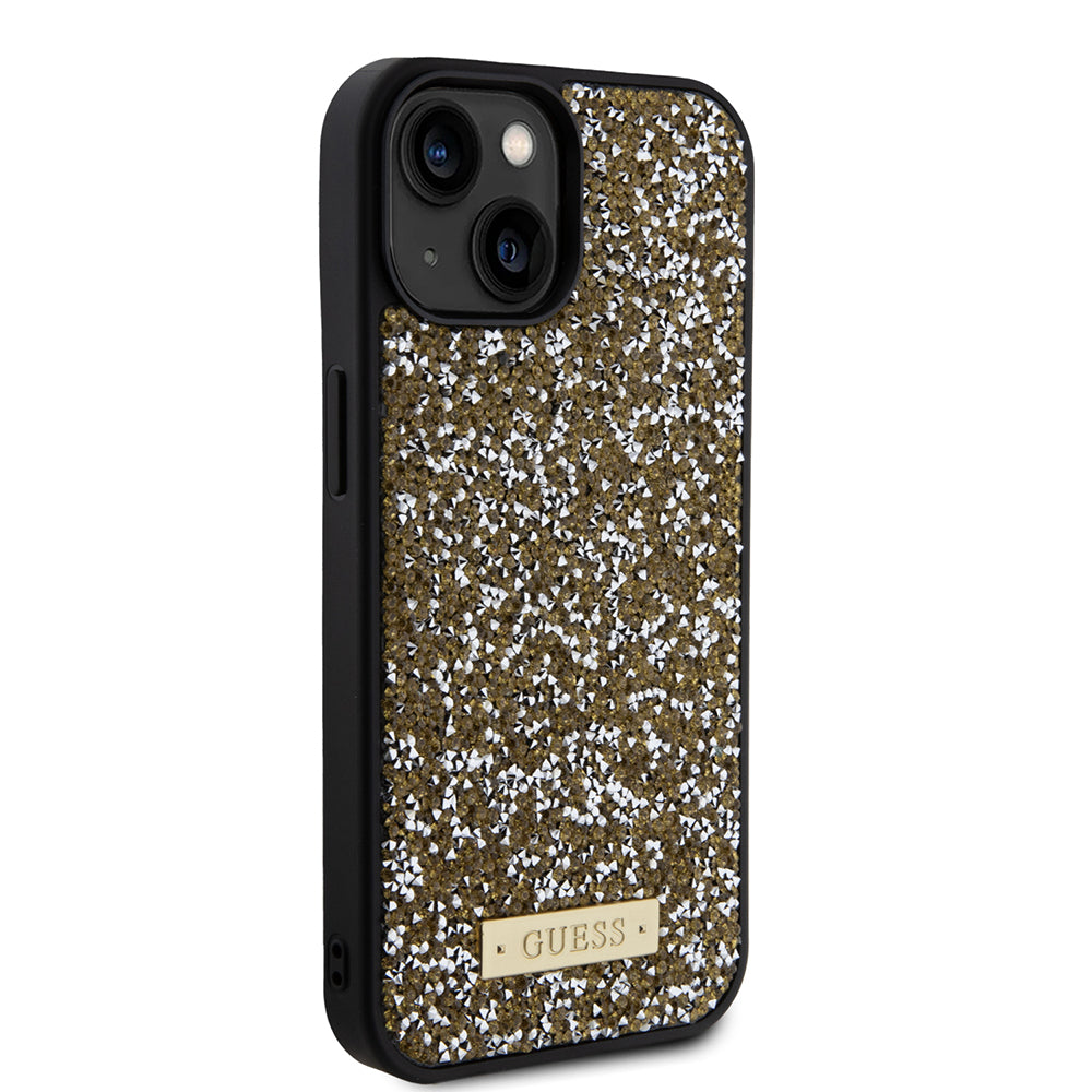Custodia per Apple iPhone 15, Guess, Rhinestone Metal Logo, Gialla