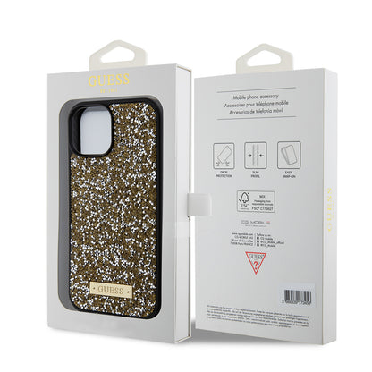 Custodia per Apple iPhone 15, Guess, Rhinestone Metal Logo, Gialla