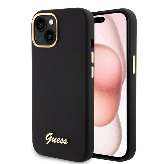 Custodia per Apple iPhone 15, Guess, Script Metal Logo & Frame, Nera