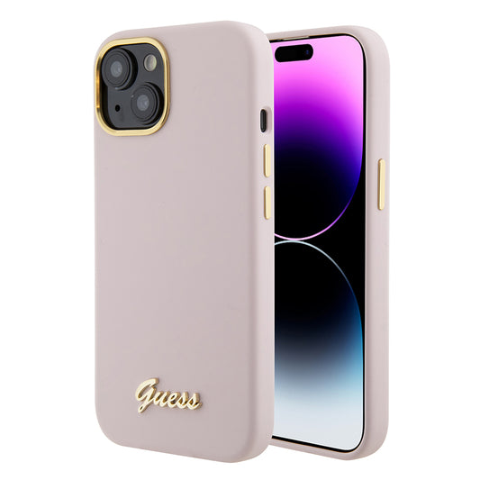 Custodia per Apple iPhone 15, Guess, Script Metal Logo & Frame, Rosa Chiaro
