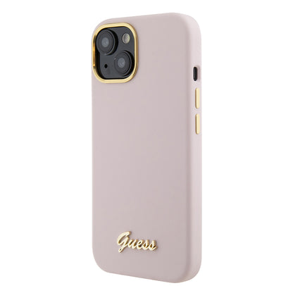 Custodia per Apple iPhone 15, Guess, Script Metal Logo & Frame, Rosa Chiaro