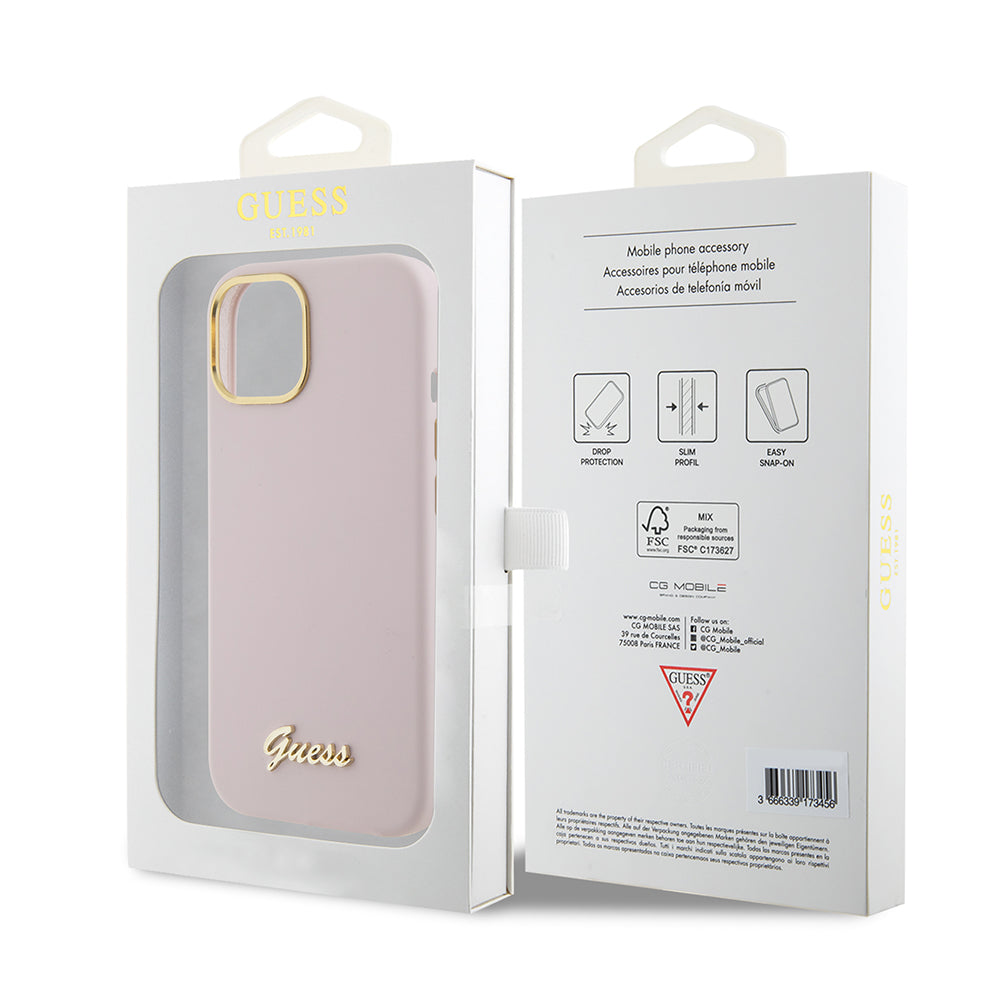 Custodia per Apple iPhone 15, Guess, Script Metal Logo & Frame, Rosa Chiaro