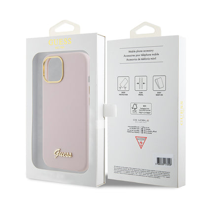 Custodia per Apple iPhone 15, Guess, Script Metal Logo & Frame, Rosa Chiaro