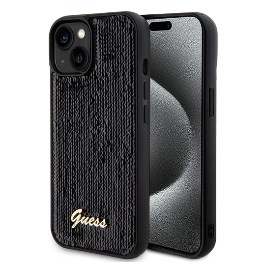 Custodia per Apple iPhone 15, Guess, Sequin Script Metal, Nera