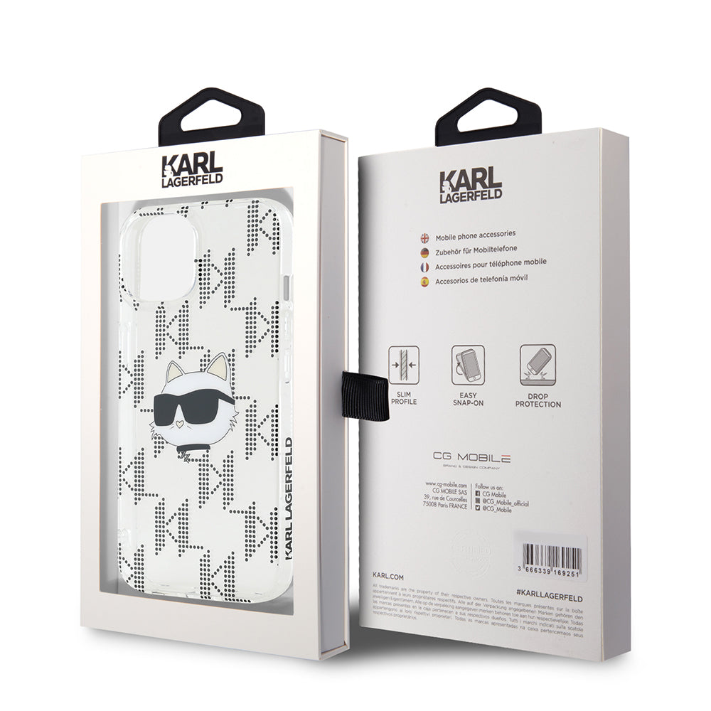 Custodia per Apple iPhone 15, Karl Lagerfeld, IML Electroplated Choupette Head, Trasparente