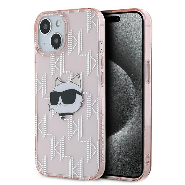 Custodia per Apple iPhone 15, Karl Lagerfeld, IML Luxury Monogram Choupette's Head, Rosa