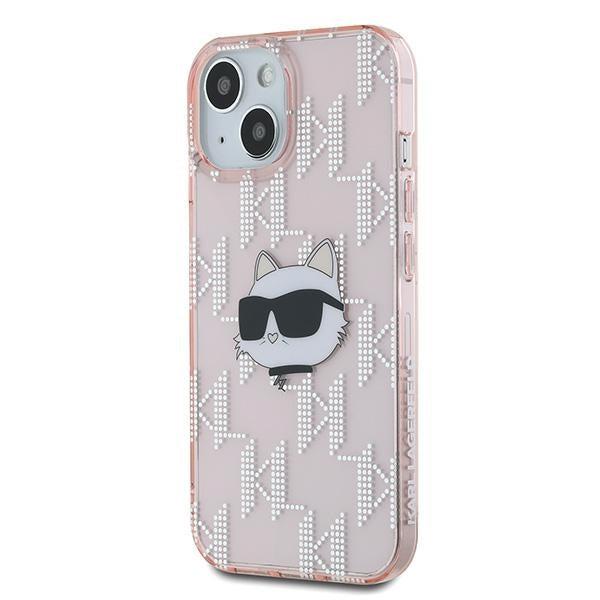 Custodia per Apple iPhone 15, Karl Lagerfeld, IML Luxury Monogram Choupette's Head, Rosa