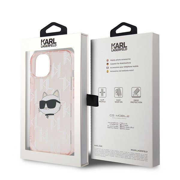 Custodia per Apple iPhone 15, Karl Lagerfeld, IML Luxury Monogram Choupette's Head, Rosa