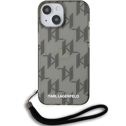 Custodia per Apple iPhone 15, Karl Lagerfeld, IML Luxury Monogram KL Pattern con Cinturino, Nera
