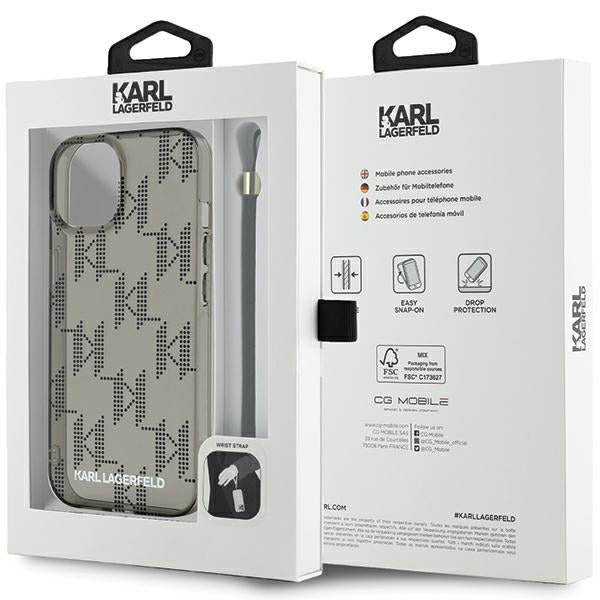 Custodia per Apple iPhone 15, Karl Lagerfeld, IML Luxury Monogram KL Pattern con Cinturino, Nera