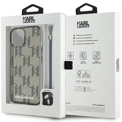 Custodia per Apple iPhone 15, Karl Lagerfeld, IML Luxury Monogram KL Pattern con Cinturino, Nera
