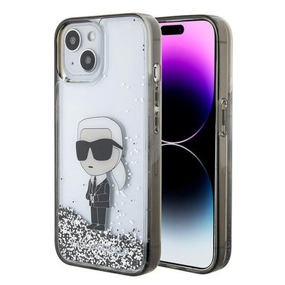 Custodia per Apple iPhone 15, Karl Lagerfeld, Liquid Glitter Ikonik Karl, Trasparente