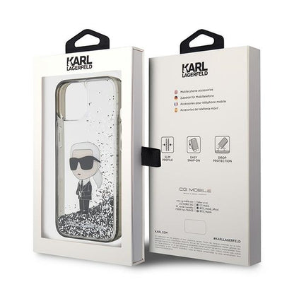 Custodia per Apple iPhone 15, Karl Lagerfeld, Liquid Glitter Ikonik Karl, Trasparente