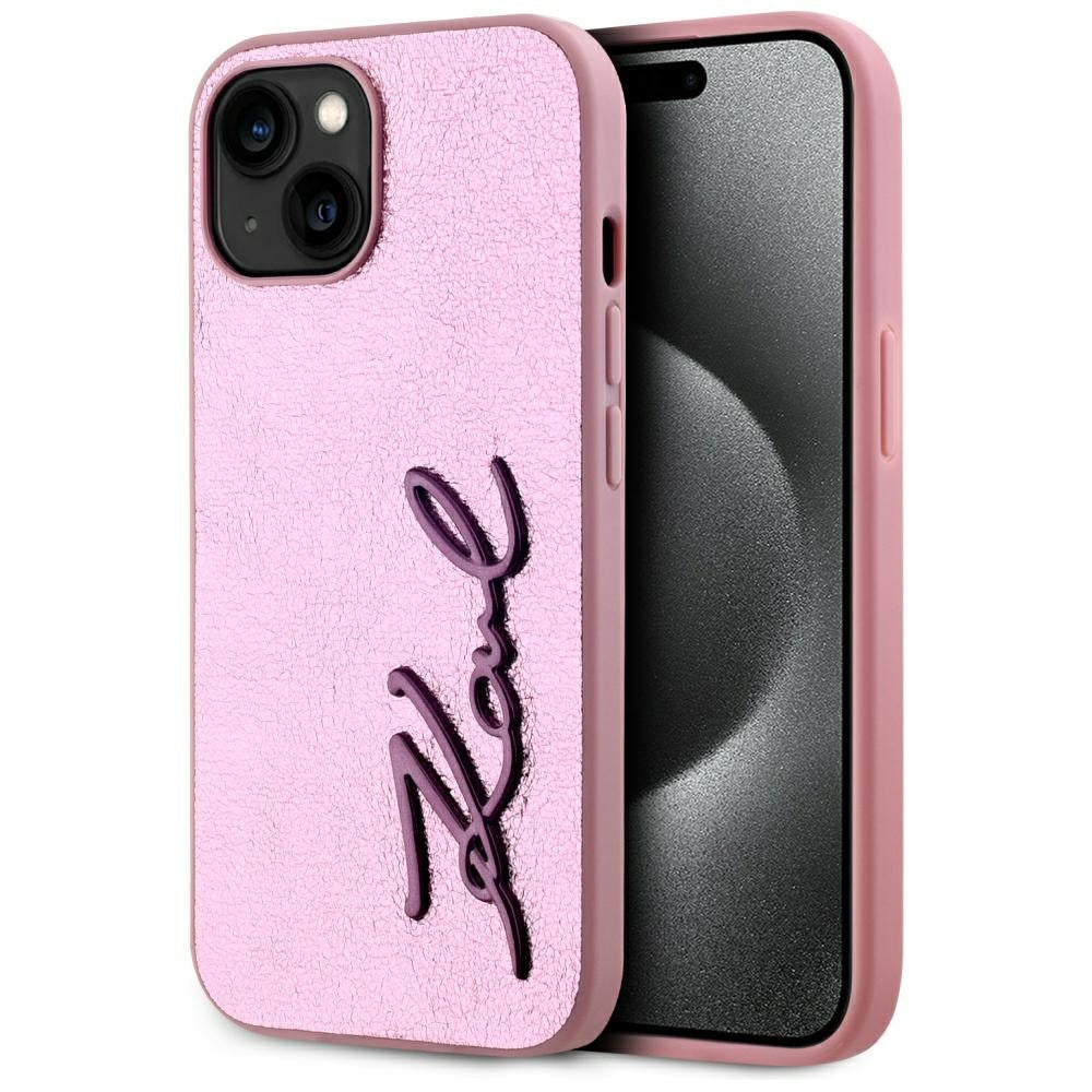 Custodia per Apple iPhone 15, Karl Lagerfeld, Metal Signature, Rosa