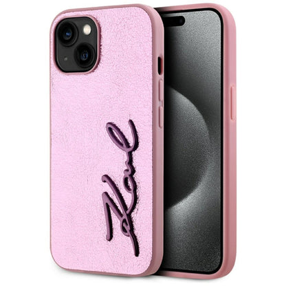 Custodia per Apple iPhone 15, Karl Lagerfeld, Metal Signature, Rosa