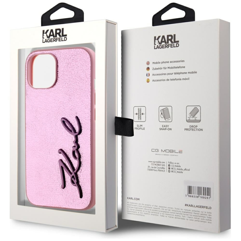 Custodia per Apple iPhone 15, Karl Lagerfeld, Metal Signature, Rosa