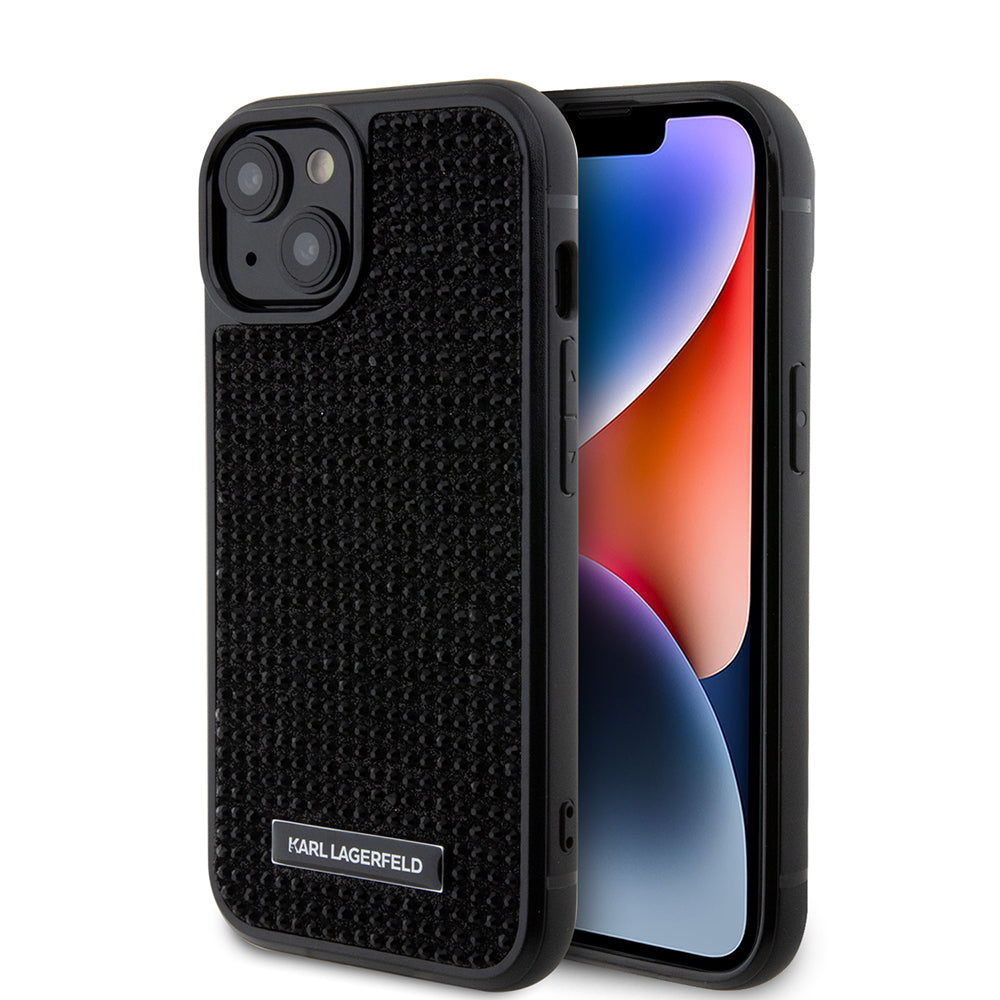 Custodia per Apple iPhone 15, Karl Lagerfeld, Rhinestone Metal Plate, Nera