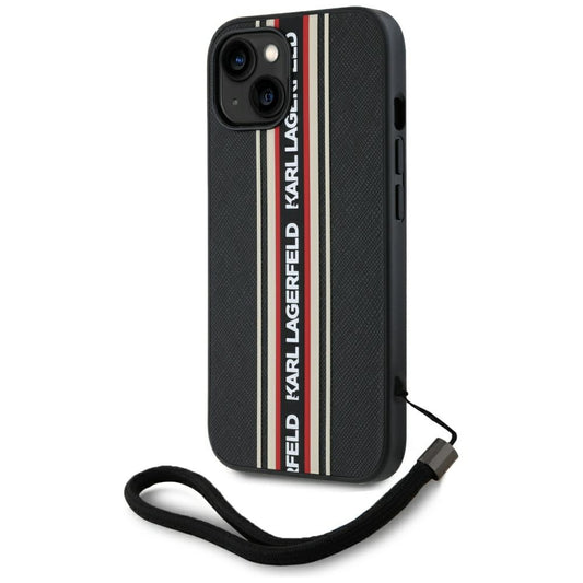 Custodia per Apple iPhone 15, Karl Lagerfeld, Saffiano Athleisure Stripes con Cinturino, Rosie