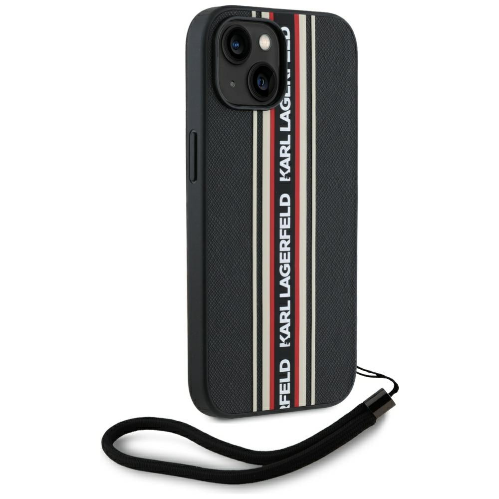 Custodia per Apple iPhone 15, Karl Lagerfeld, Saffiano Athleisure Stripes con Cinturino, Rosie