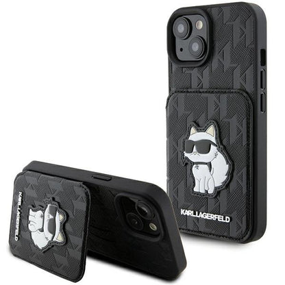 Case for Apple iPhone 15, Karl Lagerfeld, Saffiano Cardslots and Stand Monogram Choupette, Black