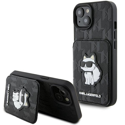 Custodia per Apple iPhone 15, Karl Lagerfeld, Saffiano Cardslots and Stand Monogram Choupette, Nera
