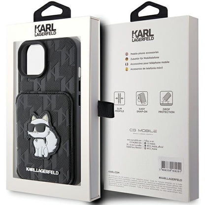 Case for Apple iPhone 15, Karl Lagerfeld, Saffiano Cardslots and Stand Monogram Choupette, Black