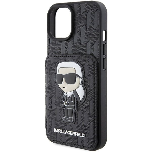 Custodia per Apple iPhone 15, Karl Lagerfeld, Saffiano Cardslots and Stand Monogram Ikonik Karl, Nera