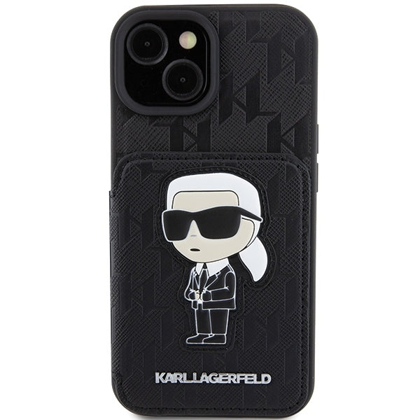 Custodia per Apple iPhone 15, Karl Lagerfeld, Saffiano Cardslots and Stand Monogram Ikonik Karl, Nera