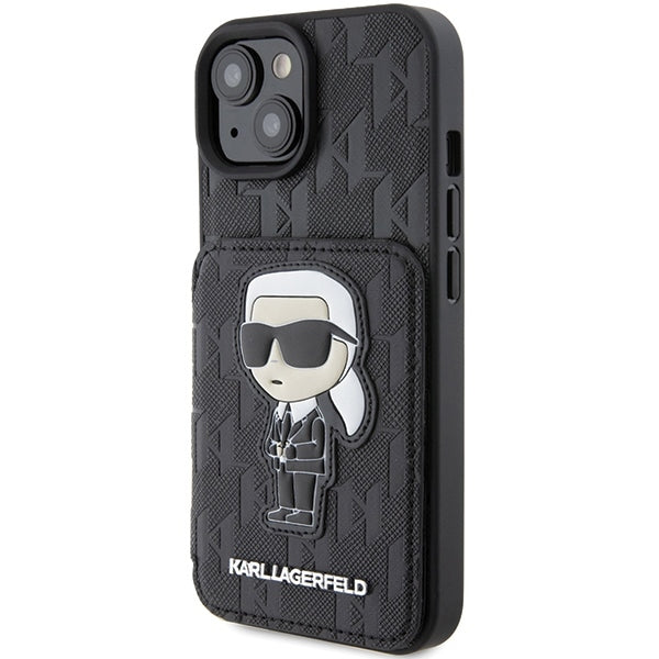 Custodia per Apple iPhone 15, Karl Lagerfeld, Saffiano Cardslots and Stand Monogram Ikonik Karl, Nera