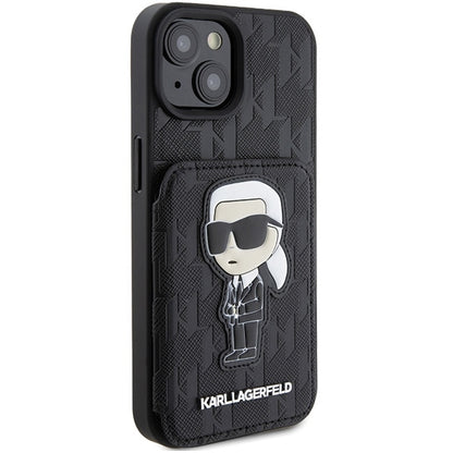 Custodia per Apple iPhone 15, Karl Lagerfeld, Saffiano Cardslots and Stand Monogram Ikonik Karl, Nera