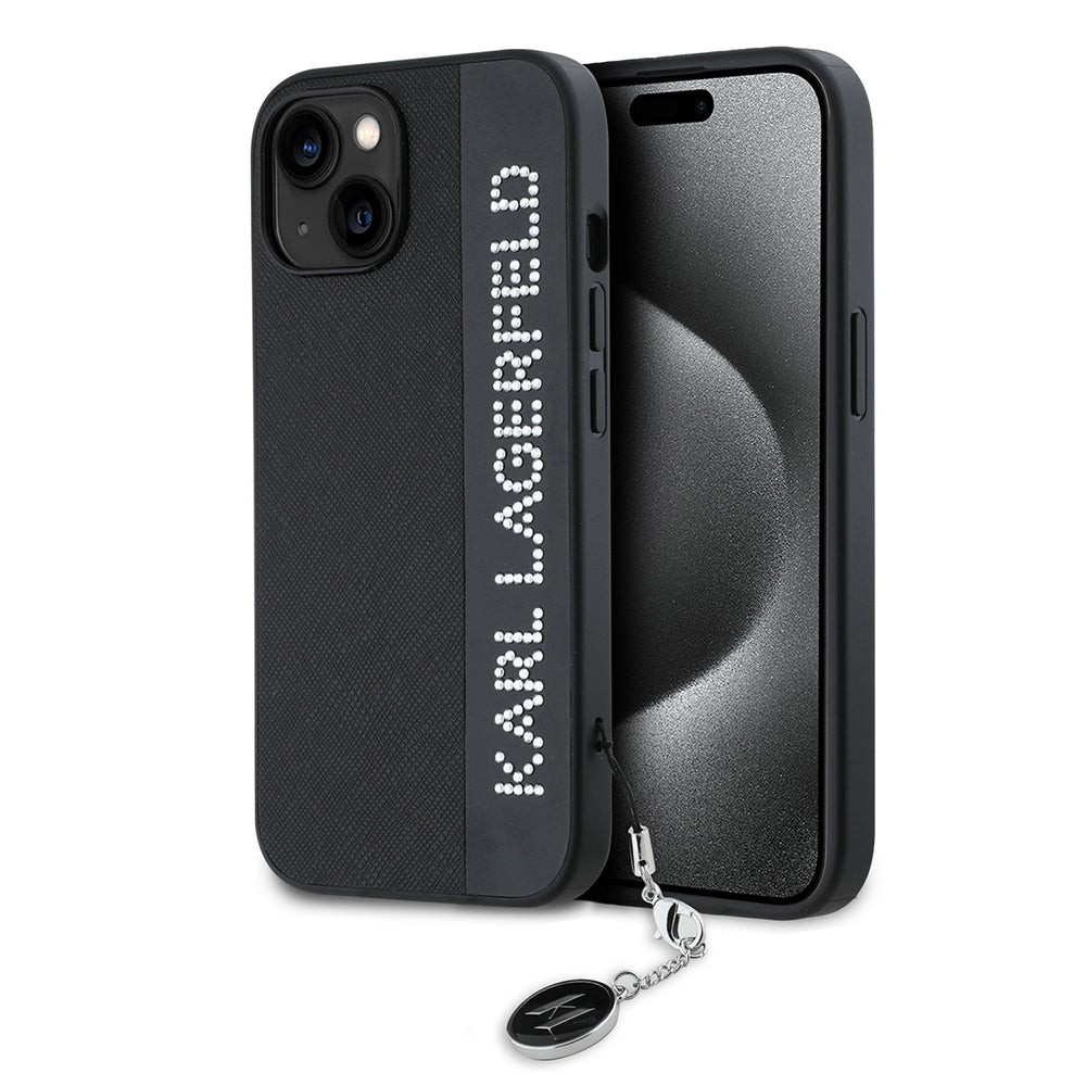 Custodia per Apple iPhone 15, Karl Lagerfeld, Saffiano Rhinestones & Charm, Nera