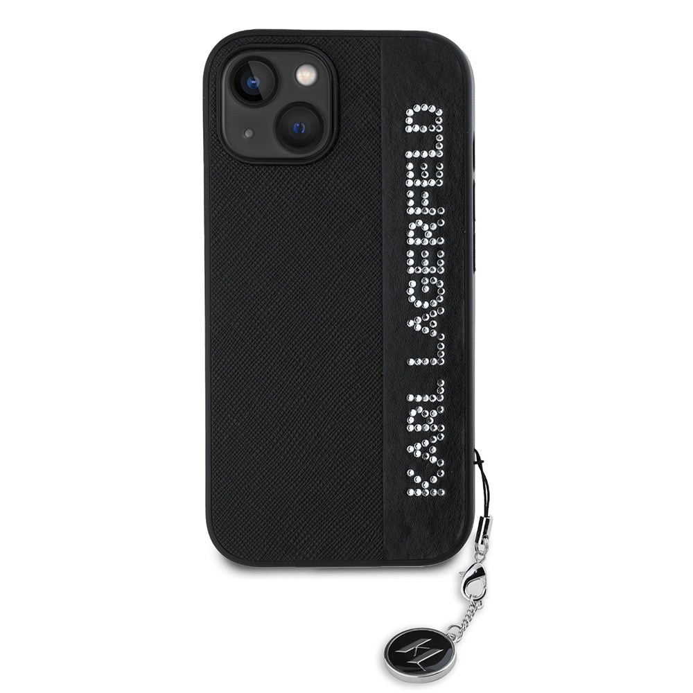 Custodia per Apple iPhone 15, Karl Lagerfeld, Saffiano Rhinestones & Charm, Nera