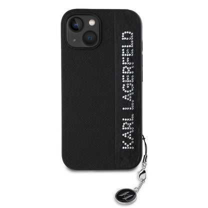 Custodia per Apple iPhone 15, Karl Lagerfeld, Saffiano Rhinestones & Charm, Nera