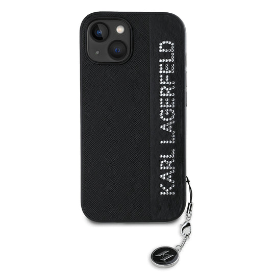 Custodia per Apple iPhone 15, Karl Lagerfeld, Saffiano Rhinestones & Charm, Nera