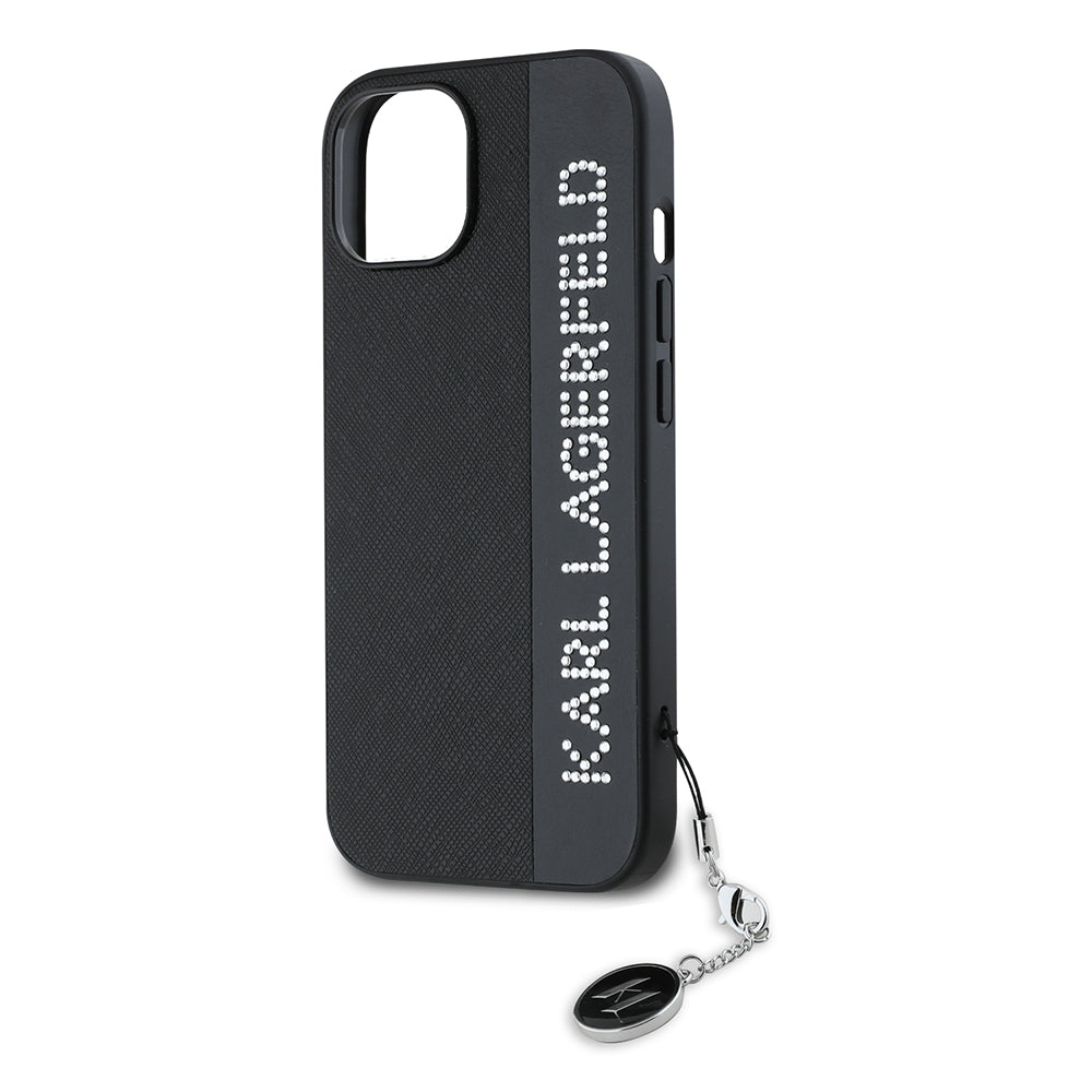 Custodia per Apple iPhone 15, Karl Lagerfeld, Saffiano Rhinestones & Charm, Nera