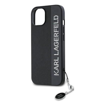 Custodia per Apple iPhone 15, Karl Lagerfeld, Saffiano Rhinestones & Charm, Nera