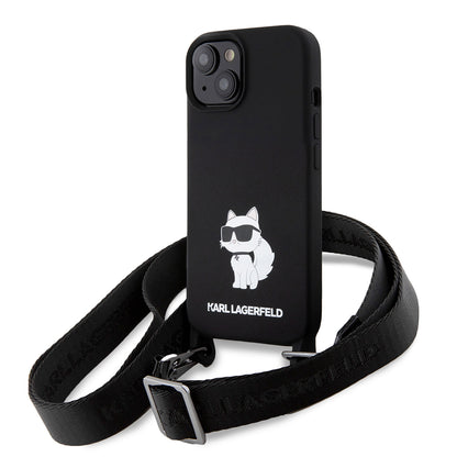 Custodia per Apple iPhone 15, Karl Lagerfeld, Silicone Crossbody Choupette, Nera
