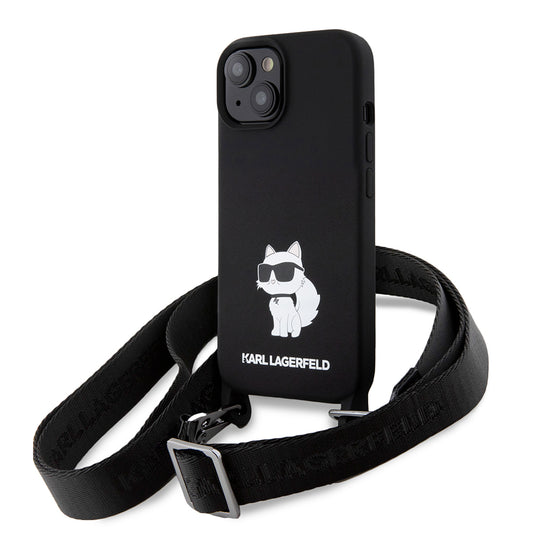 Custodia per Apple iPhone 15, Karl Lagerfeld, Silicone Crossbody Choupette, Nera