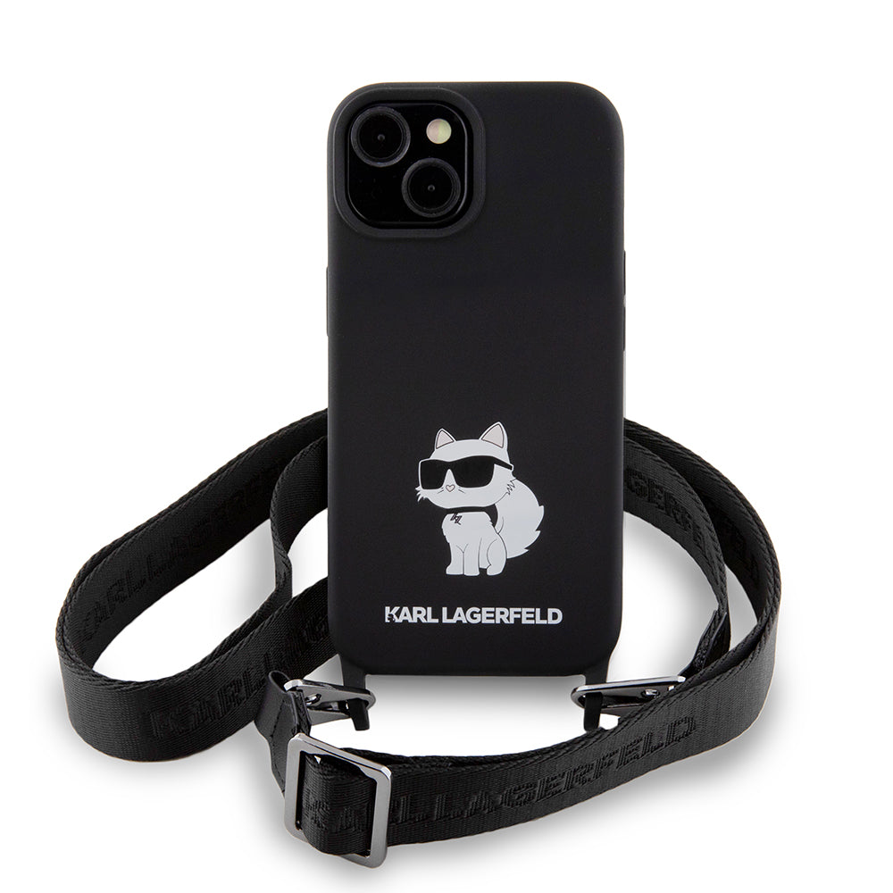 Custodia per Apple iPhone 15, Karl Lagerfeld, Silicone Crossbody Choupette, Nera