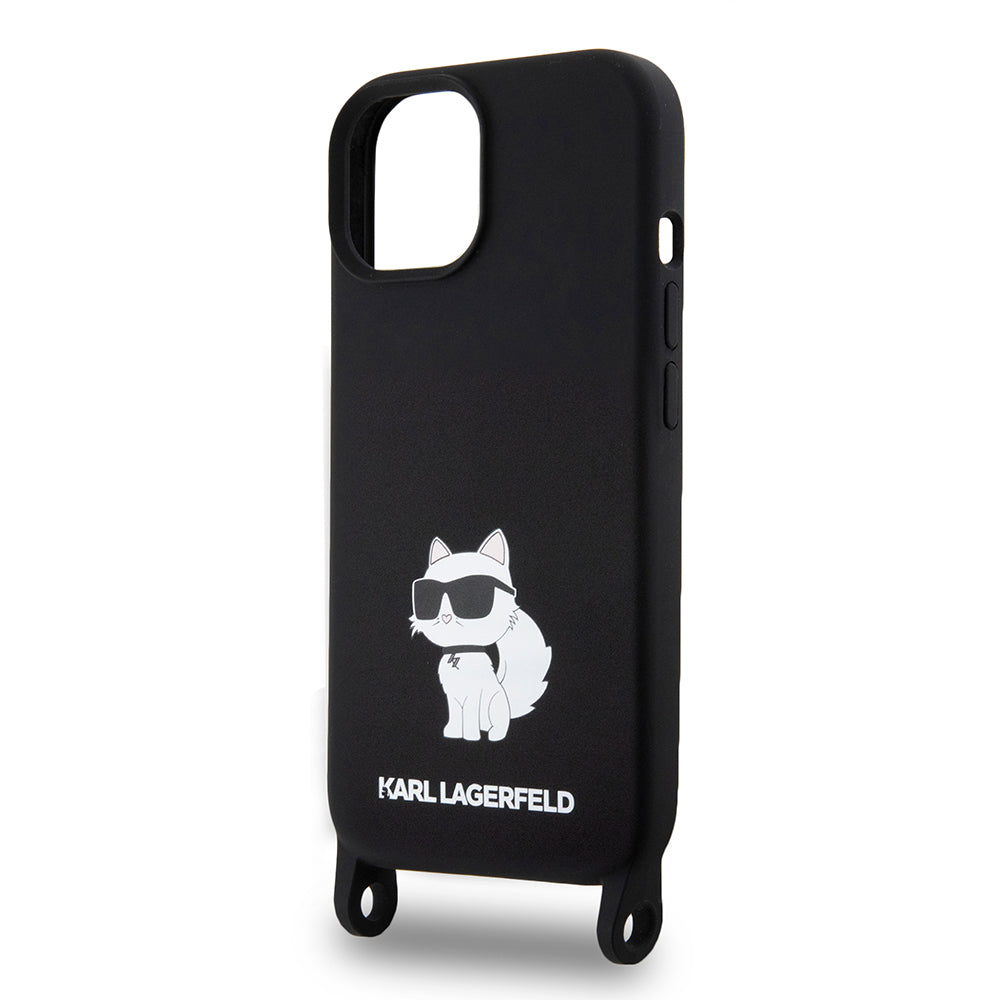 Custodia per Apple iPhone 15, Karl Lagerfeld, Silicone Crossbody Choupette, Nera