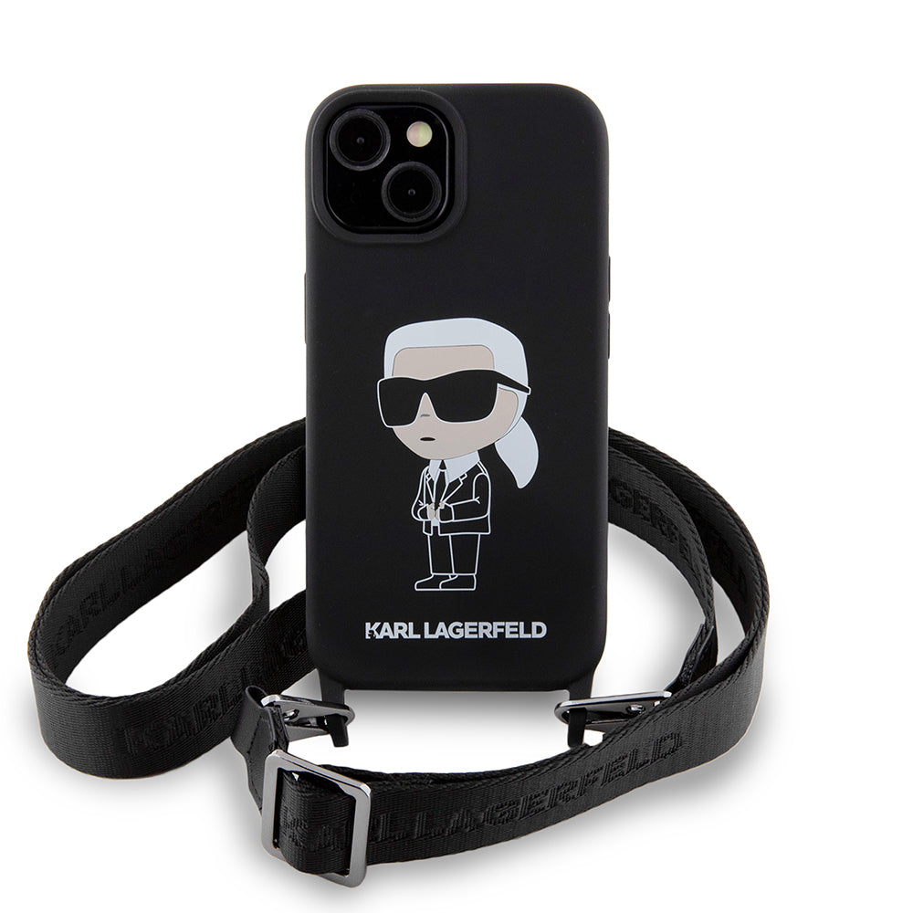 Custodia per Apple iPhone 15, Karl Lagerfeld, Silicone Crossbody Ikonik Karl, Nera