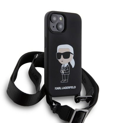 Custodia per Apple iPhone 15, Karl Lagerfeld, Silicone Crossbody Ikonik Karl, Nera
